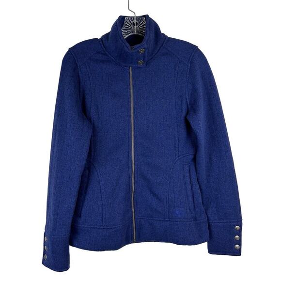 REI Womens Fleece Jacket Size Small Full Zip Snap Mock High Collar Blue Sweater - Picture 1 of 8
